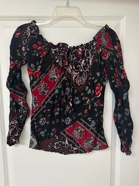 Axara Black Off-Shoulder Blouse with Red and Teal Floral Accents